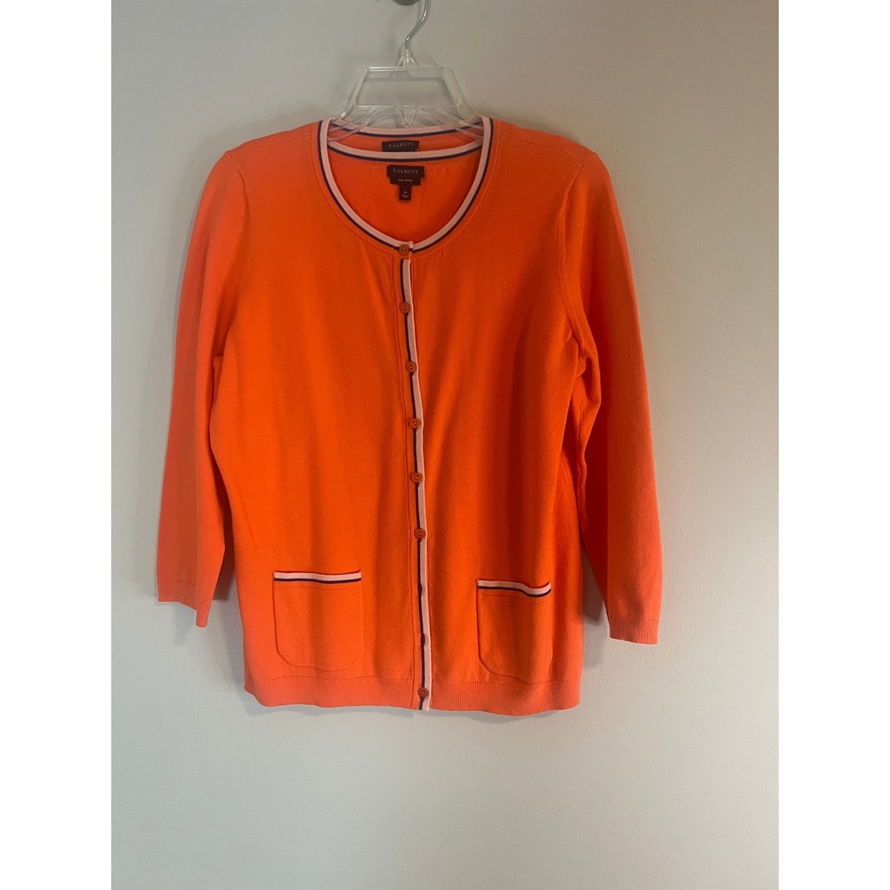 Talbots Orange Pima Cotton Button Front Cardigan Sweater Set Pink Trim Medium